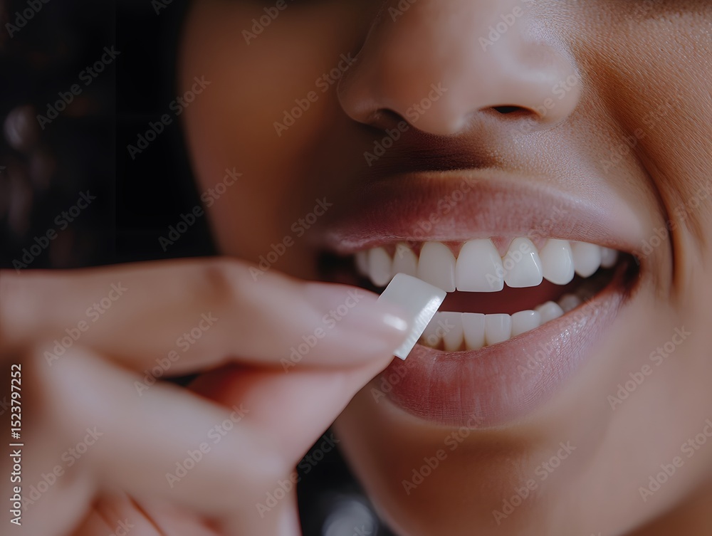 Fototapeta premium A close-up of a person applying a whitening strip to their teeth, showcasing the texture of the strip and the application process.