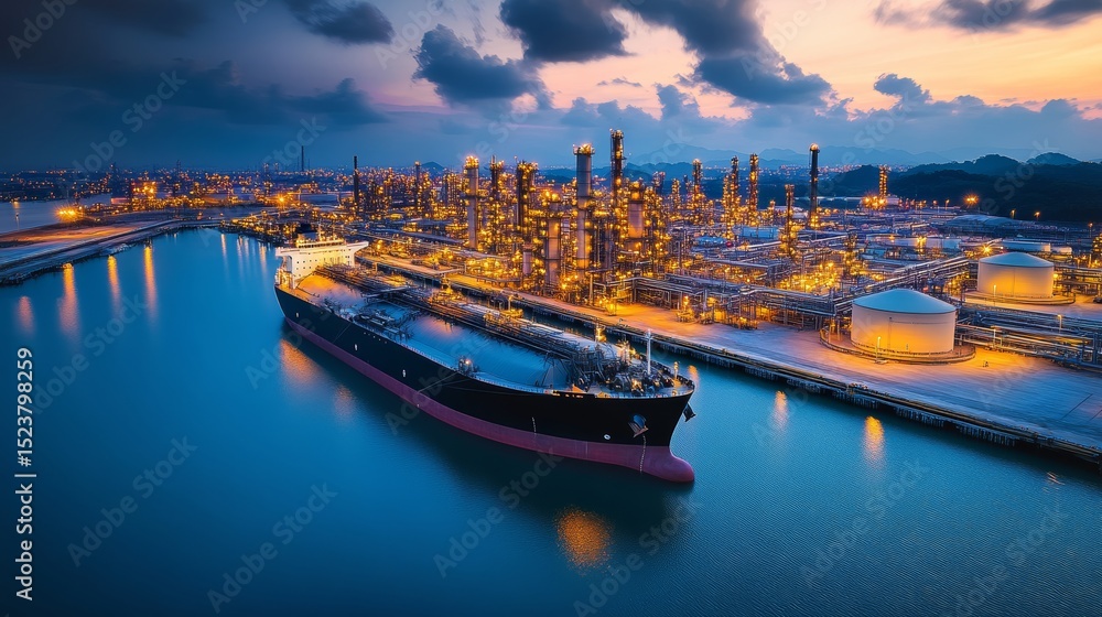Aerial view of a massive oil refinery port at dusk, under a cloudy sky Aerial view of a massive oil refinery port at dusk, under a cloudy sky