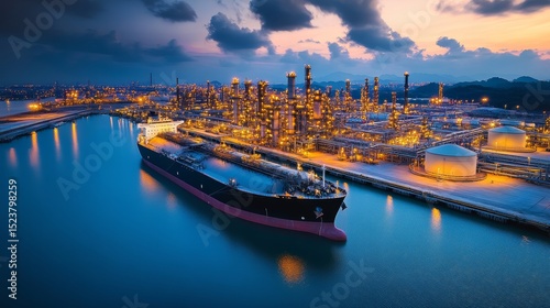Aerial view of a massive oil refinery port at dusk, under a cloudy sky
