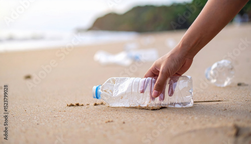 Hand picking up plastic bottle on sandy beach