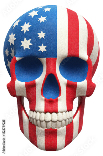 Skull adorned with American flag colors showcases patriotic spirit for various celebrations isolated on transparent background.