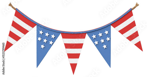 Colorful decoration features red, white, and blue bunting for festive celebration isolated on transparent background.