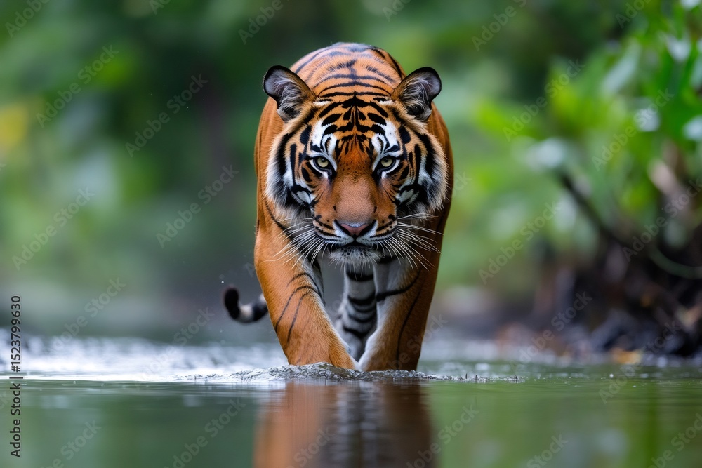 Fototapeta premium Sumatran tiger walking in river in lush green tropical forest