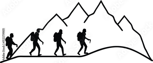 People hiking on a mountain silhouette scene 