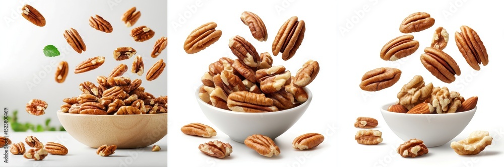 Fototapeta premium Pecans flying mid-air, isolate on white background. Mix