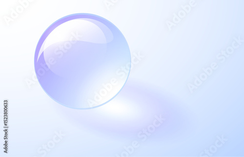 Blue glass ball, transparent sphere with shadows, 3D shiny marble ball.