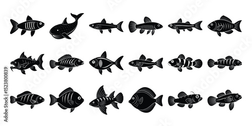 Collection of Diverse Fish Species Silhouettes of Aquatic Life