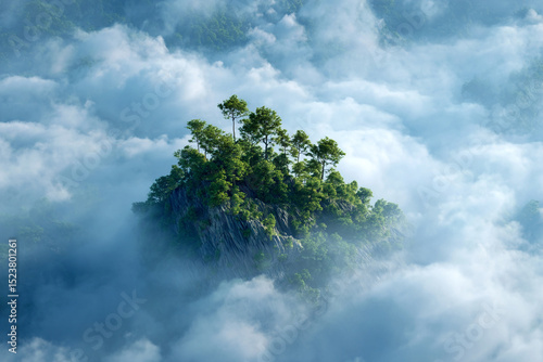Floating Island Covered in Lush Greenery and Rocks in the Sky