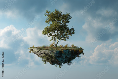 Floating Island Covered in Lush Greenery and Rocks in the Sky