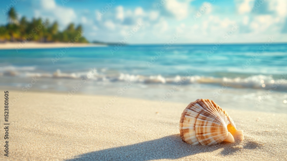 Obraz premium Solitary seashell on pristine sand overlooking a tropical island paradise