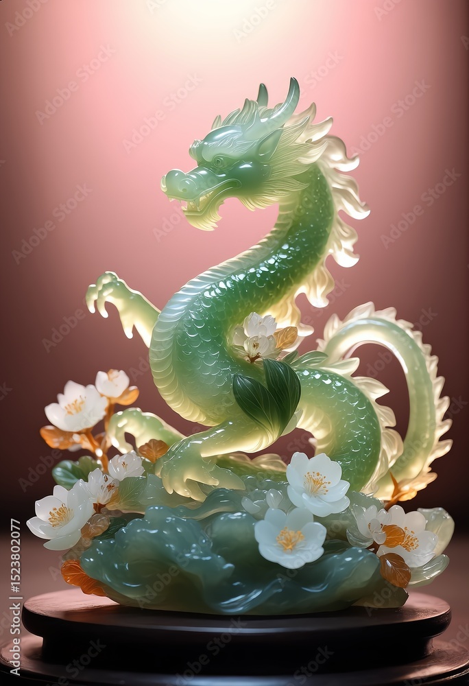 Obraz premium A beautifully sculpted jade-like Dragon statue with a translucent body blending shades of green, white, and amber. Chinese culture, luxurious, and harmonious
