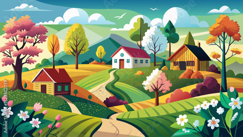 From a hilltop, four farmhouses show seasonal contrasts—spring blossoms, summer green, autumn gold, and winter white. Nature’s cycle, rural charm, distant skies, and beauty in every phase.