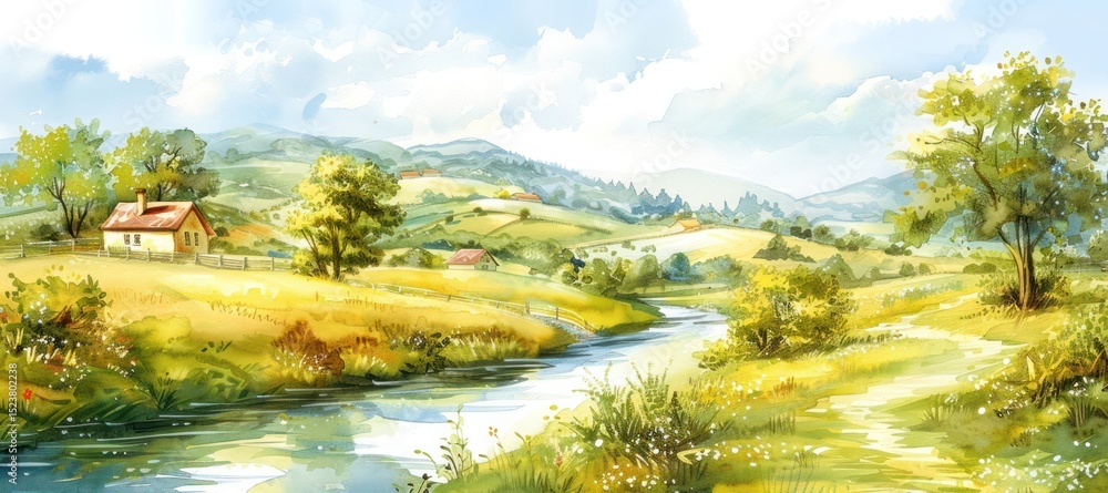 a serene countryside landscape bathed in the soft hues of a watercolor painting, with rolling hills hand paint. a serene countryside landscape bathed in the soft hues of a watercolor painting, with rolling hills hand paint.