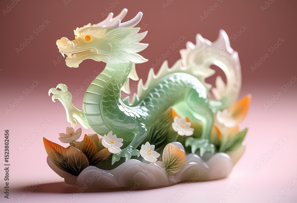 Fototapeta premium A beautifully sculpted jade-like Dragon statue with a translucent body blending shades of green, white, and amber. Chinese culture, luxurious, and harmonious