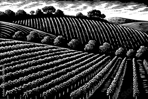 Black and white sketch vector of terraced vineyards stretching across a sunlit hillside
