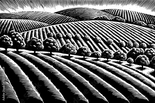 Black and white sketch vector of terraced vineyards stretching across a sunlit hillside