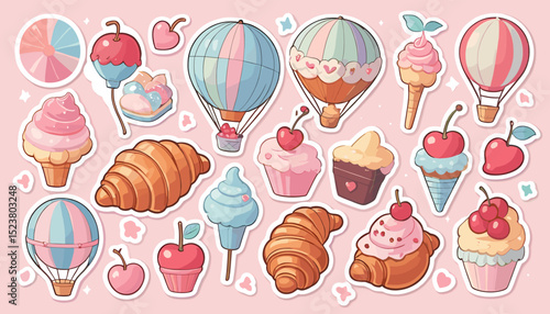 Whimsical Dessert and Hot Air Balloon Stickers on Pastel Pink Background for Creative Projects