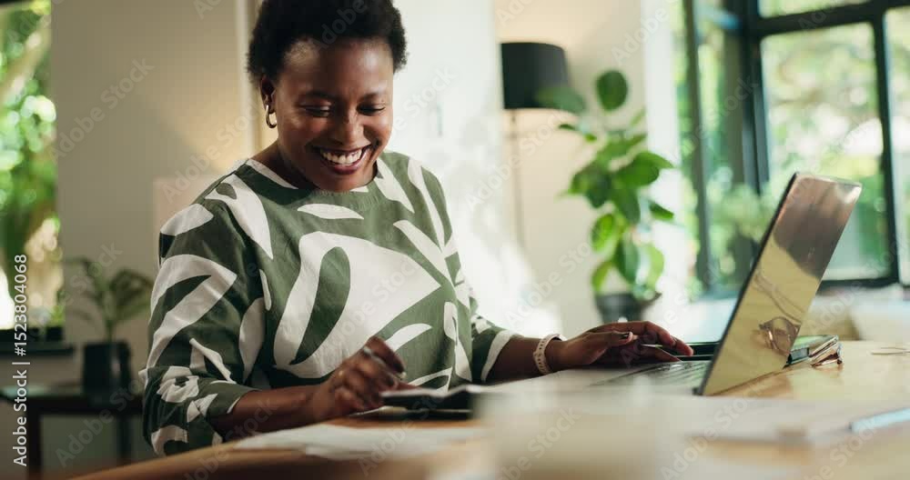 Happy, entrepreneur and woman with laptop, calculation and financial planning with profit and house. Excited, black person and success of return on investment, home and asset management with tech