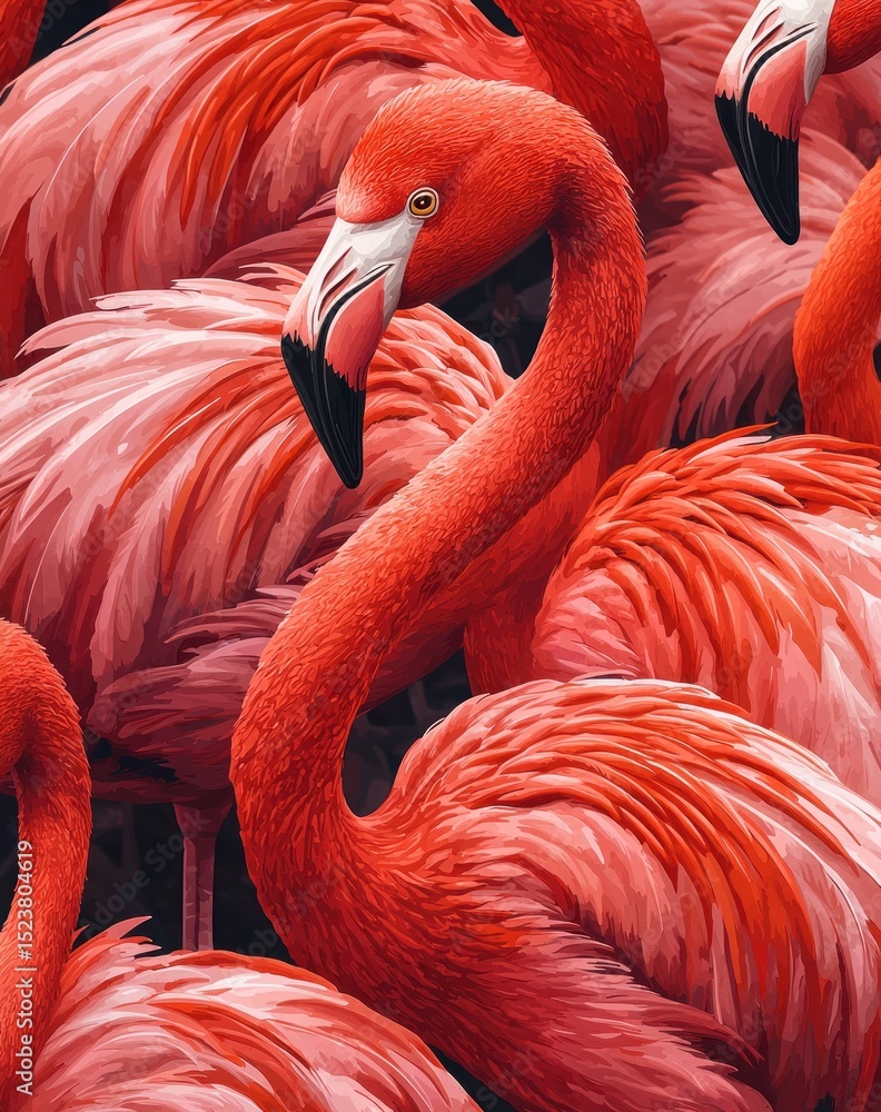 Obraz premium Group of vibrant pink flamingos with rich feather details in a close-up artistic illustration showcasing their elegant shapes and vivid colors Generative AI