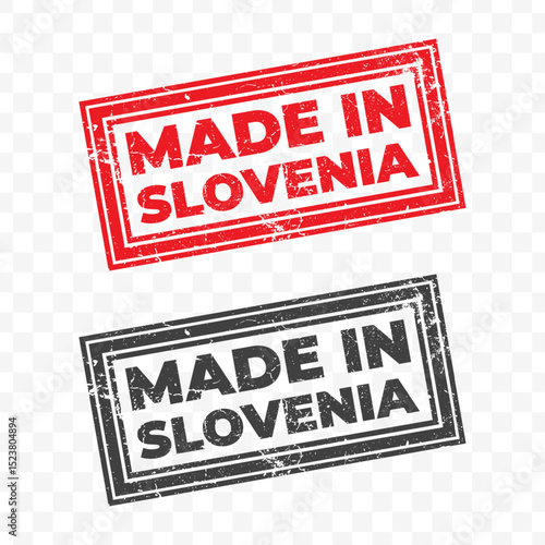 Vector illustration of Made In Slovenia . Red grunge stamp on transparent background.