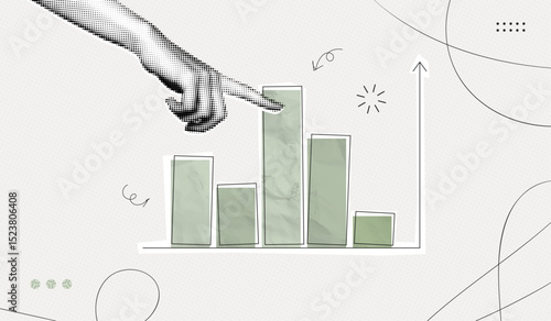 Trendy Halftone Collage Business and investment growth concept. Hand and market statistics chart. Finance business data graph. Trending upwards. Contemporary vector illustration art