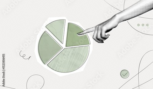 Trendy Halftone Collage Hand with pieces of pie chart. Business data and market share concept. Circular diagram parts. Finance graph. Investment strategy. Contemporary vector illustration art