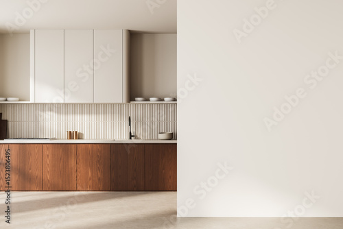 Modern kitchen interior with wooden cabinets and blank wall space for poster or design mockup on a neutral background. 3D Rendering. 3D Rendering