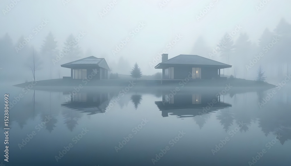 Fototapeta premium Houses on foggy lake with reflections serene misty landscape