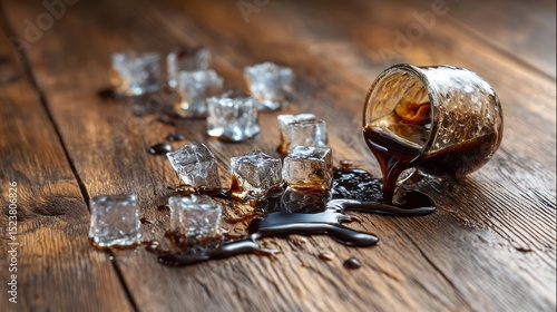 Wallpaper Mural Dark liquid spill with ice cubes on wood Torontodigital.ca