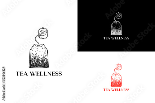 illustration of tea bag with visible loose leaf herbs inside, vector logo for herbal tea, health and wellness, fitness, organic, natural, green tea, coffee shop, tea brand, tea wellness, and more