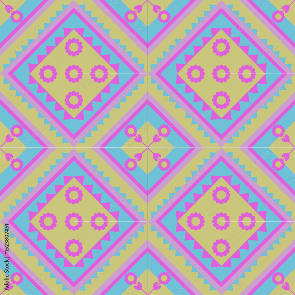 Retro pink floral geometric seamless pattern for textile or wallpaper design Retro pink floral geometric seamless pattern for textile or wallpaper design