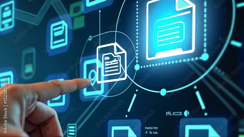 A hand with an index finger pointing at a folder icon on a virtual digital interface with blue and white elements, surrounded by modern futuristic hi-tech business financial interface. A hand with an index finger pointing at a folder icon on a virtual digital interface with blue and white elements, surrounded by modern futuristic hi-tech business financial interface.