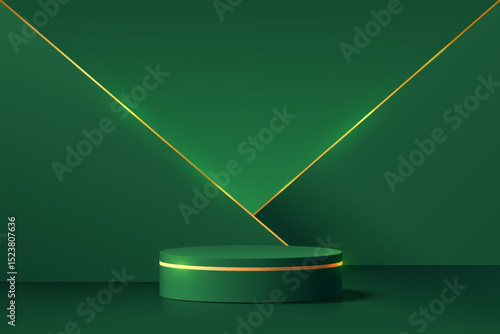 Dark green and gold 3D cylindrical pedestal podium with triangle overlap background. Luxury minimalist wall scene for product stage showcase, Promotion display. Abstract studio room geometric forms.
