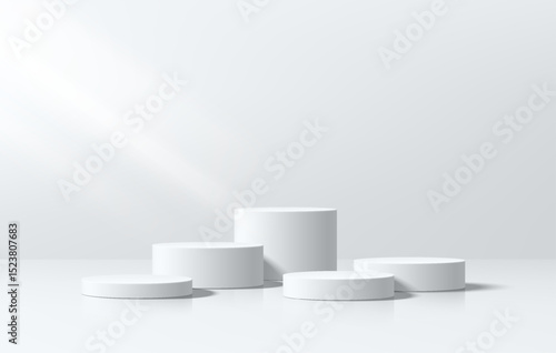 Realistic white 3D cylindrical product podium background in white empty clean wall scene.