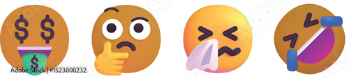 Emoji Faces Set – Money Mouth, Thinking, Sneezing, ROFL
