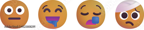 Emoji Faces Set – Neutral, Drooling, Sleepy, Bandaged Head
