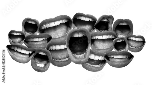 Contemporary art collage featuring screaming mouths. Communication concept, public opinion, public speaking, society, media. Message. Social media announcing