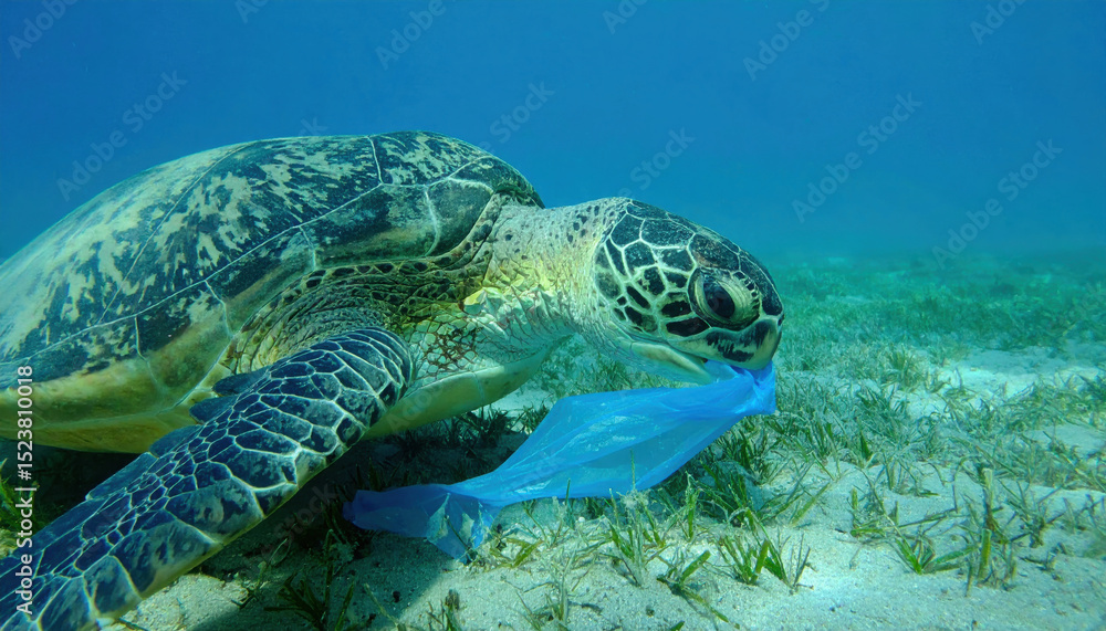 Fototapeta premium Sea turtle eating plastic bag underwater, highlighting pollution
