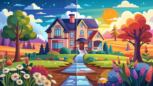 A classic country house with changing surroundings: flower beds in spring, fields in summer, trees in fall, snow in winter. Light, weather, mood, and life in eternal natural rhythm.

