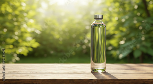 Refreshing Glass Water Bottle on Wooden Table Outdoors