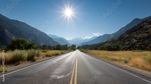 Open Highway Leading Toward Sunrise in Mountain Landscape