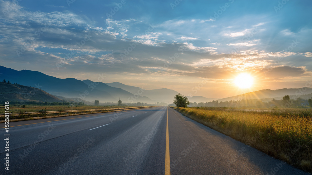 Fototapeta premium Open Highway Leading Toward Sunrise in Mountain Landscape