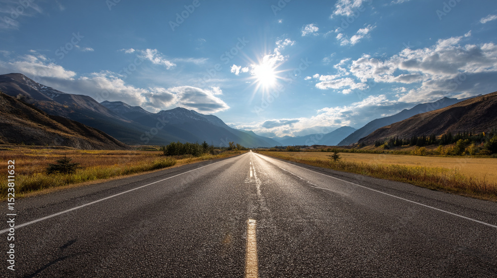 Naklejka premium Open Highway Leading Toward Sunrise in Mountain Landscape
