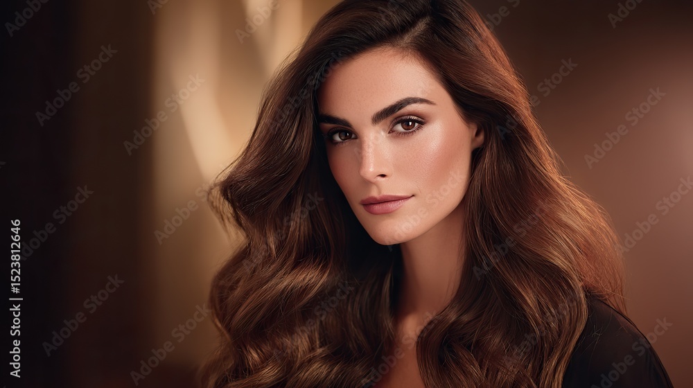 Fototapeta premium The high-resolution advertising image shows a beautiful woman with long, wavy dark brown hair. Creating a sense of luxury and style, it is suitable for showcasing professional beauty studio services.