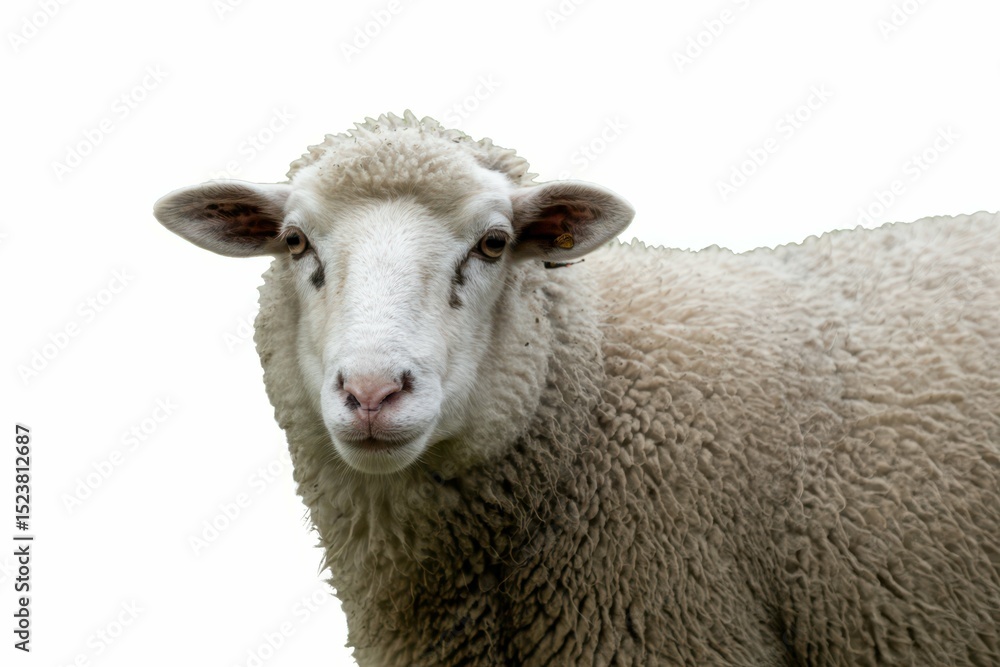 Close up of a sheep isolated on white background, showcasing its thick wool and curious expression, perfect for farm and livestock themes. isolated, white background Close up of a sheep isolated on white background, showcasing its thick wool and curious expression, perfect for farm and livestock themes. isolated, white background