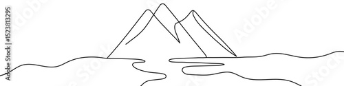 Black mountains with river in single line art style. Editable minimalist landscape drawing on white background. Vector illustration.