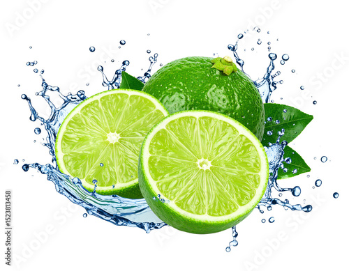 Fresh limes splashing in water, vibrant and juicy.