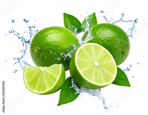 Fresh limes with splashes of water.