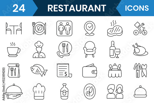 Restaurant icons set collection. Cooking icon, meal, menu, restaurant, food delivery, cafe, bistro line icon vector set. Vector illustration.