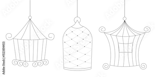 Line art sketch set of bird cages in doodle hand drawn style vector collection of metal cages for keeping birds at home different sizes isolated design